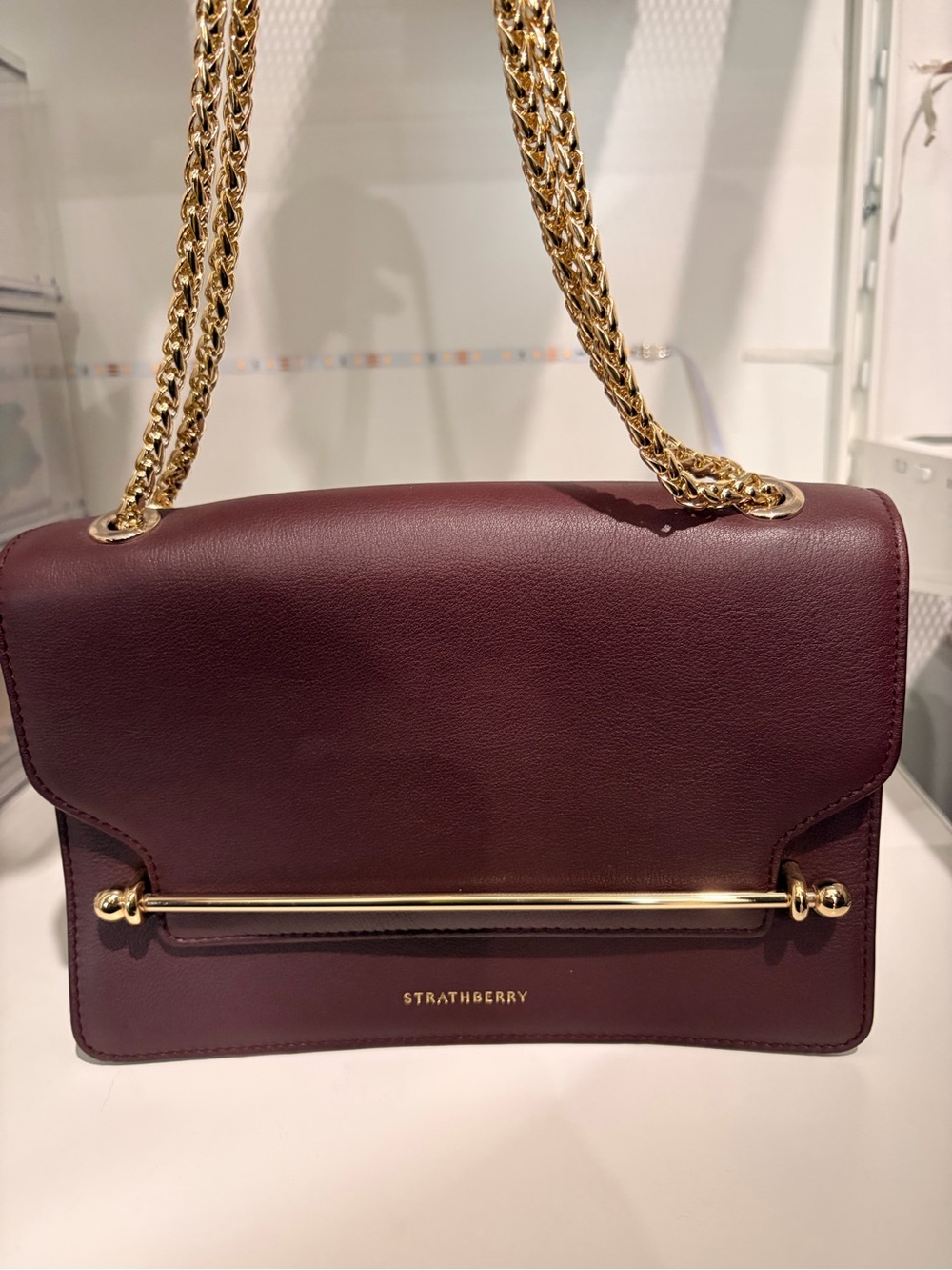 Strathberry Wine Leather Shoulder Bag with Gold Chain